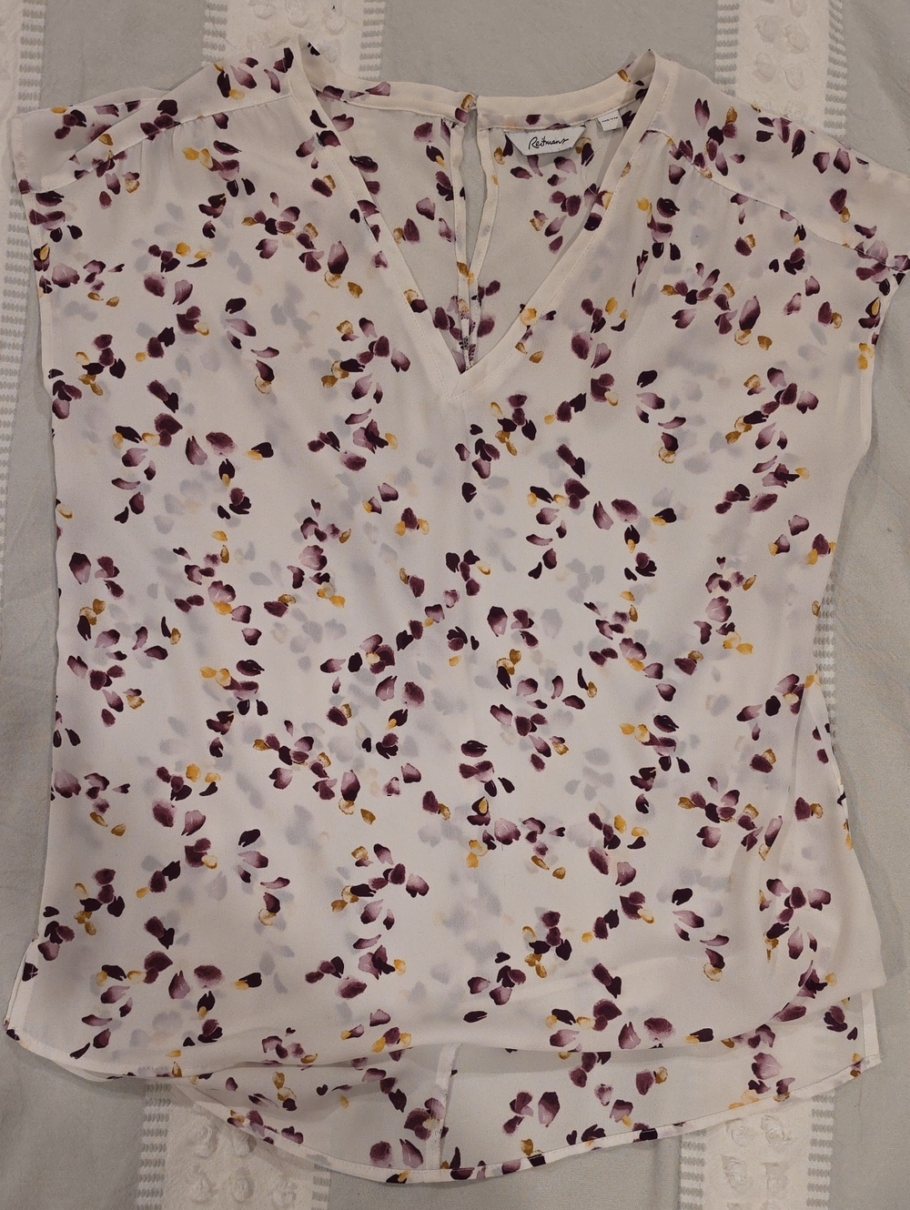 Reitmans White Blouse with Plum and Mustard Petal Print